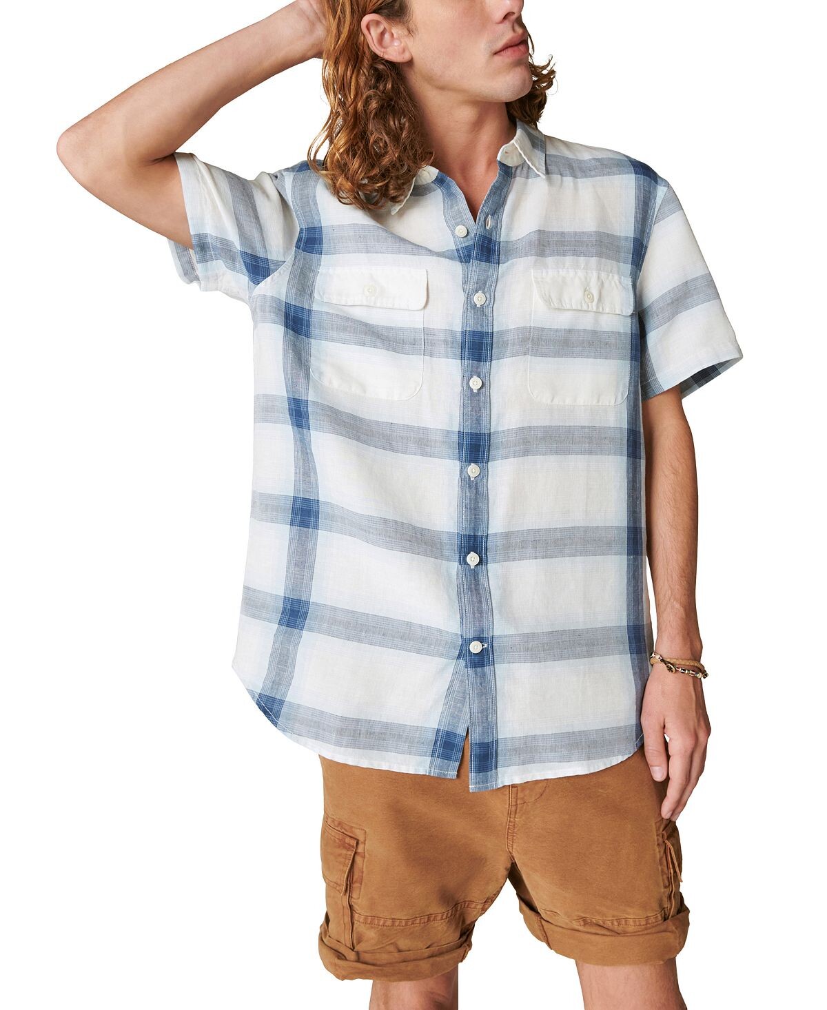 

Мужская льняная рабочая рубашка в клетку с коротким рукавом Lucky Brand