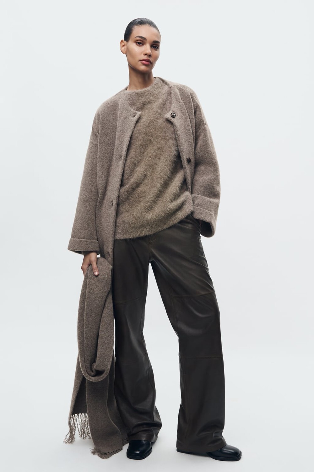 

Короткое вязаное пальто с шарфом ZARA, норковый
