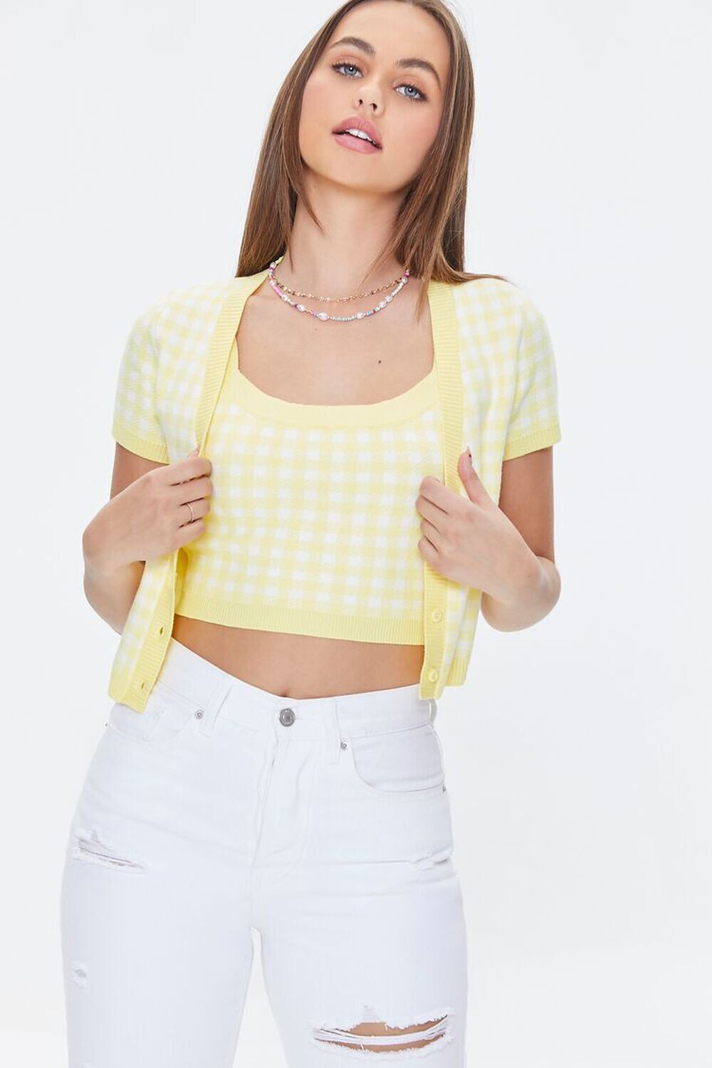 

Клетчатый комплект из свитера на майке и кардигана Forever 21, желтый