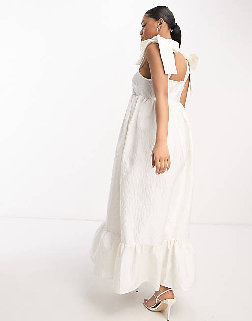 

Белое эксклюзивное многоярусное жаккардовое платье макси Pieces Bride To Be с объемными рукавами-комбинацией с бантом, Белый