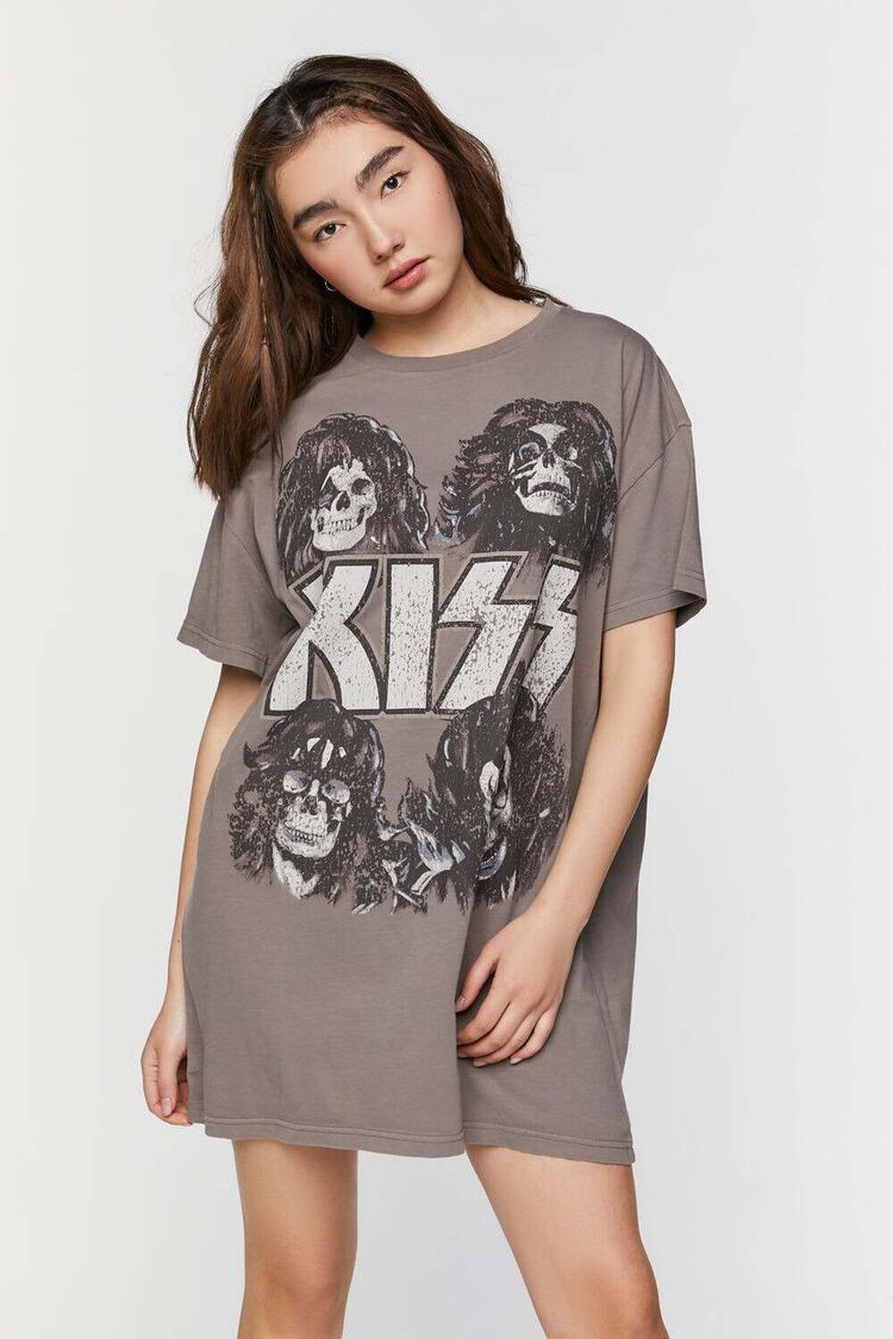

Платье-футболка с рисунком Kiss Forever 21, серый