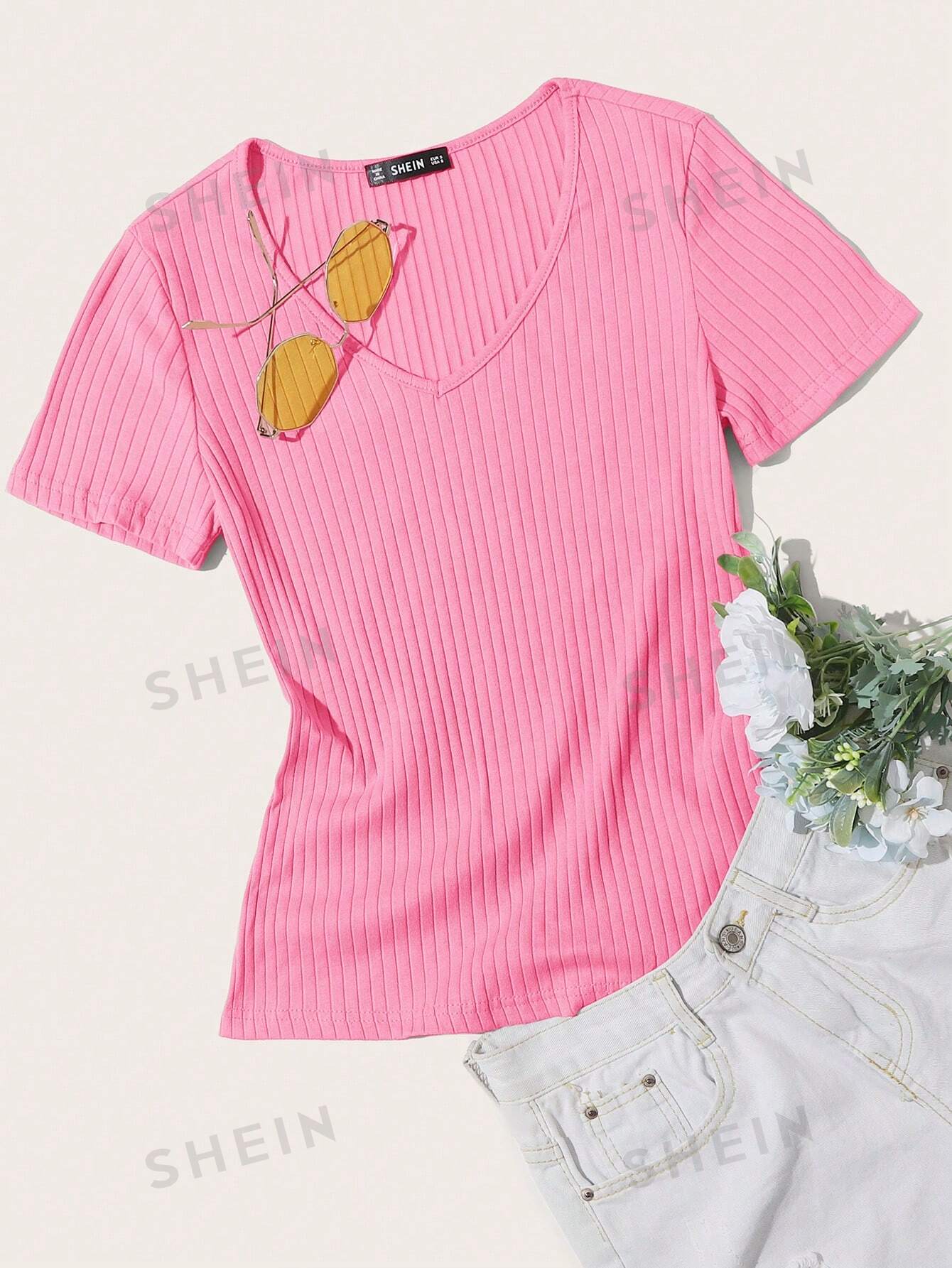цена SHEIN Essnce однотонная повседневная трикотажная футболка в рубчик с короткими рукавами, детский розовый