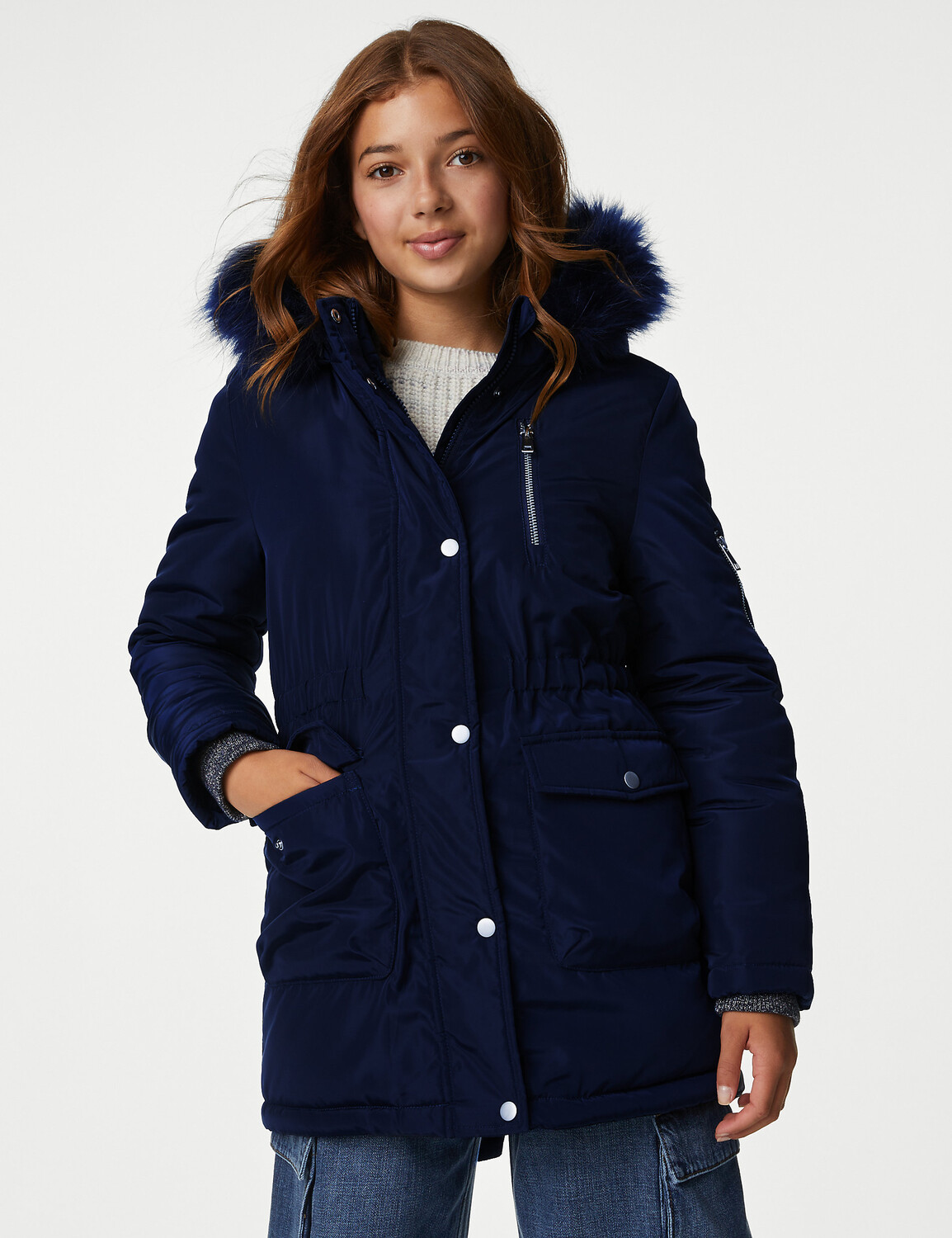 

Парка Stormwear с капюшоном из искусственного меха (6–16 лет) Marks & Spencer, темно-синий