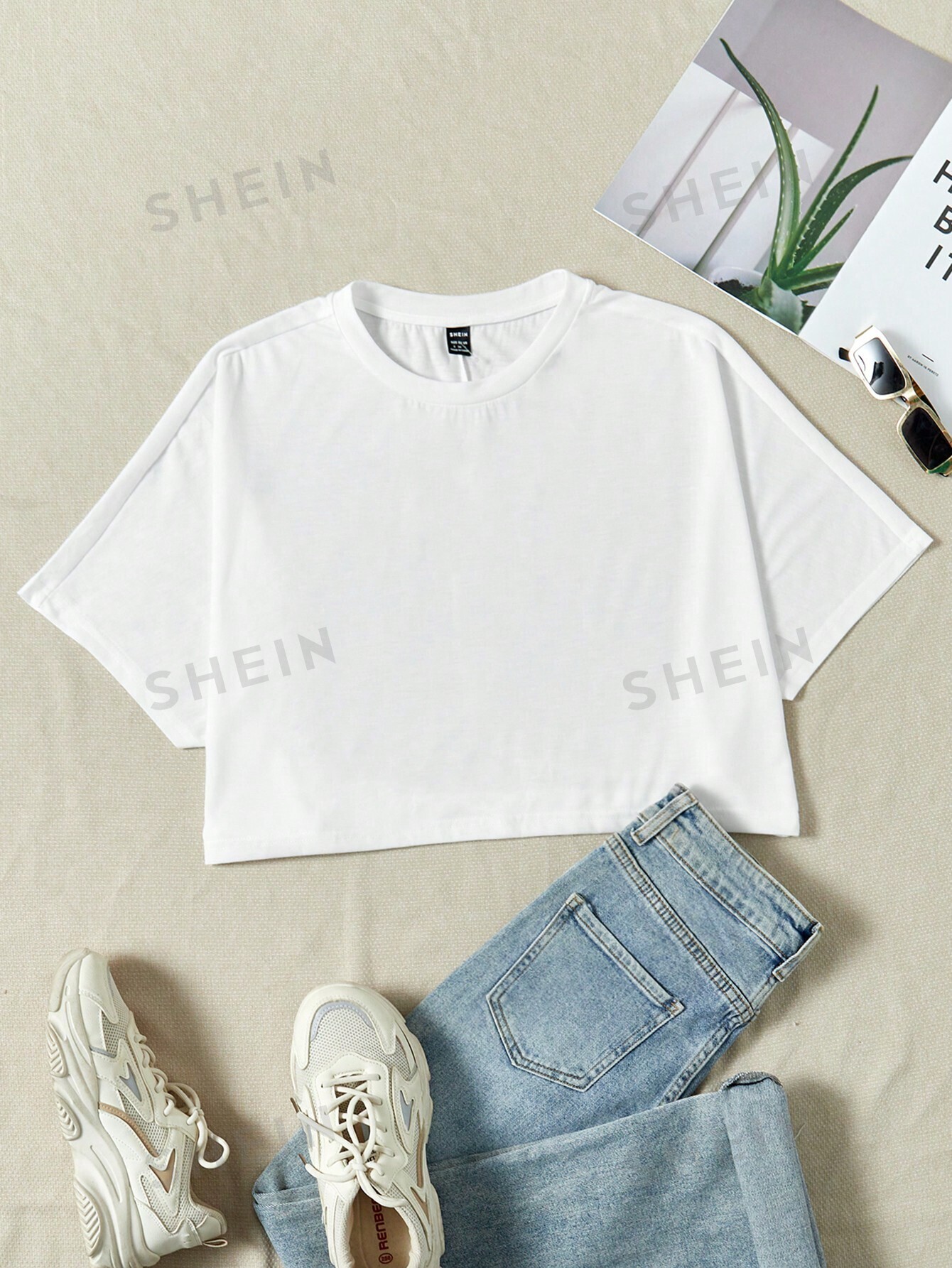 цена SHEIN EZwear Однотонная укороченная футболка с рукавами «летучая мышь», белый