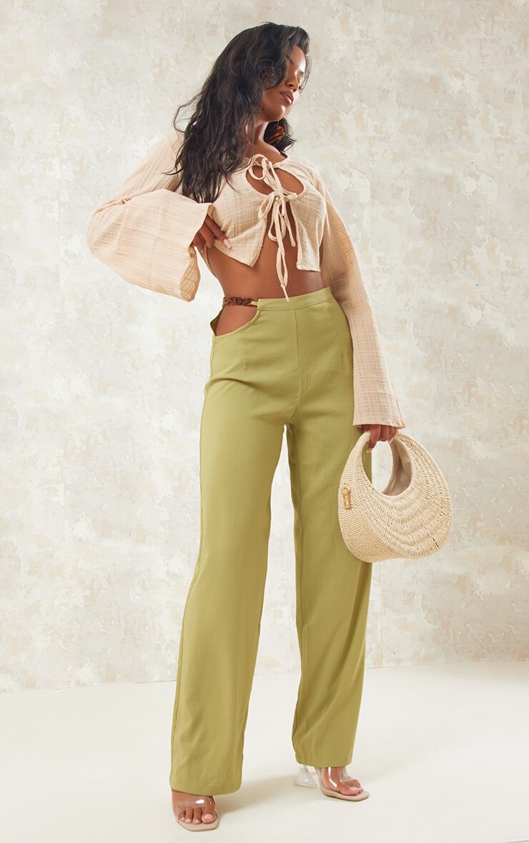 

PrettyLittleThing Оливковые прямые брюки с плетеной отделкой из жатой цепочки, Зеленый