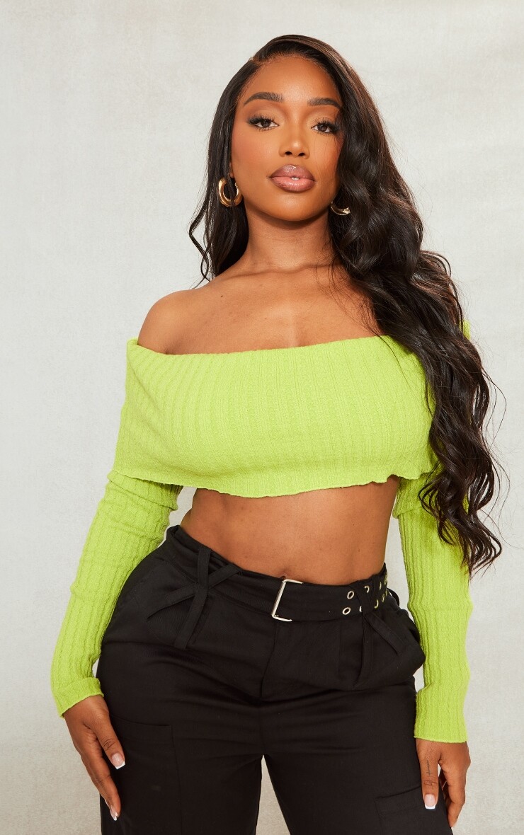 

PrettyLittleThing Укороченный топ с длинными рукавами Shape Lime Rib Bardot