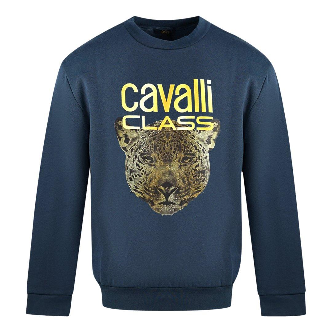 Темно-синий джемпер с леопардовым принтом и логотипом Roberto Cavalli, синий джемпер uniqlo cashmere темно синий