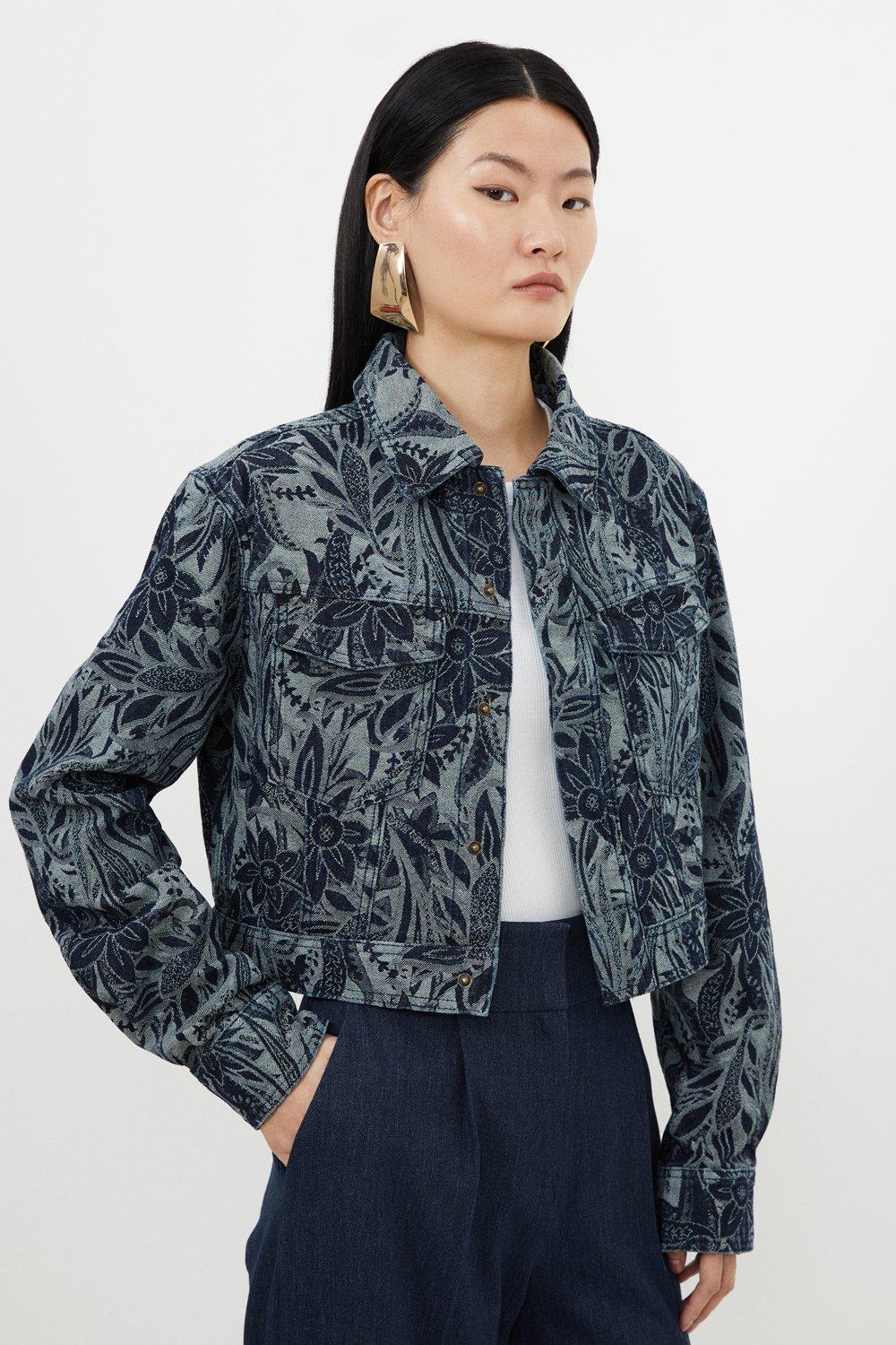 Джинсовая жаккардовая куртка с цветочным принтом Karen Millen, синий тканая блузка кимоно с цветочным принтом karen millen синий