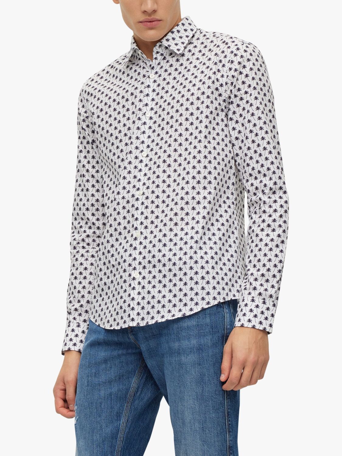 

BOSS Ermo Palm Print Рубашка приталенного кроя, открытая белая