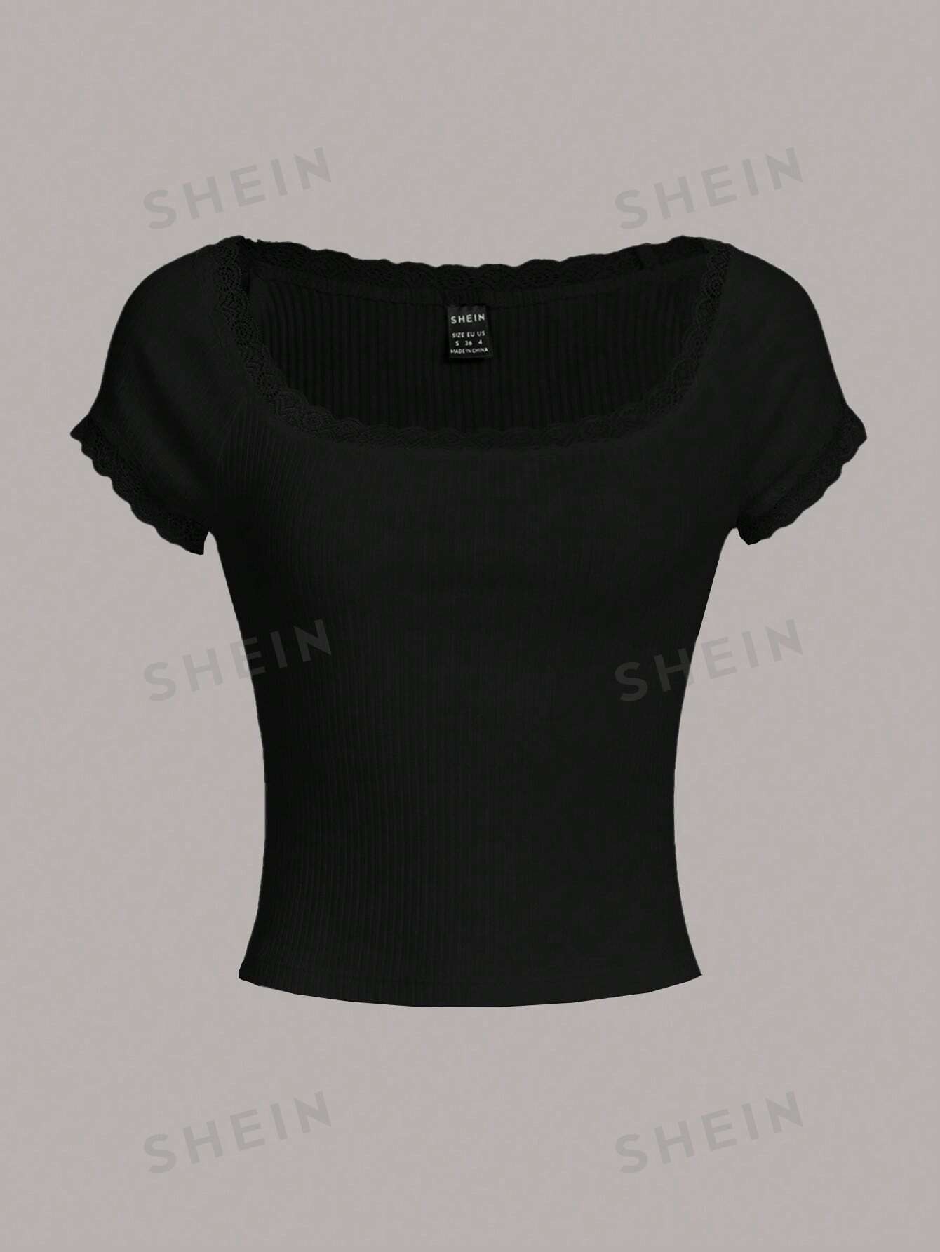 SHEIN Qutie Женская трикотажная футболка с короткими рукавами и кружевным краем, черный
