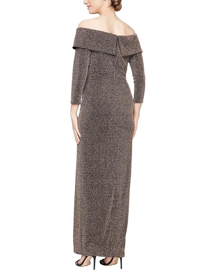Платье Alex Evenings Long Metallic Knit Off-the-Shoulder Dress w/ Long Sleeves & Leg Slit, цвет Black/Copper
