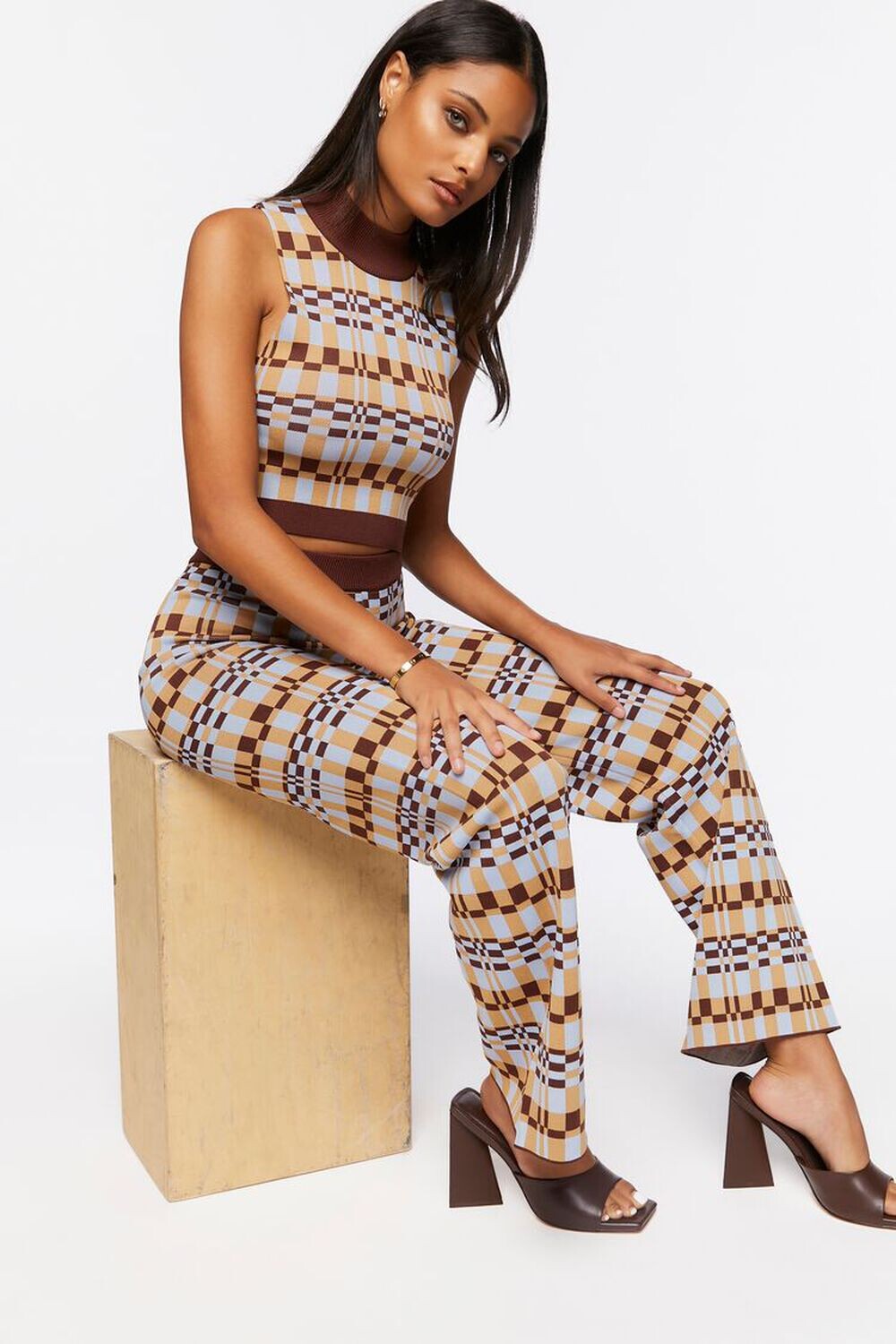 

Комплект из клетчатого укороченного топа и брюк Forever 21, коричневый