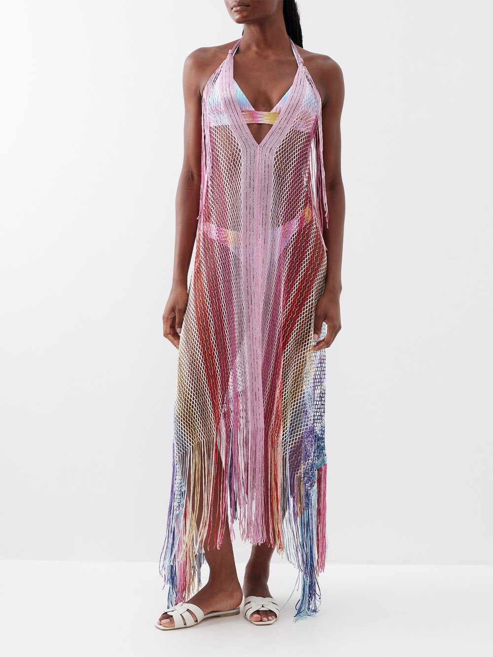 

Полосатый кафтан открытой вязки с бахромой Missoni, розовый