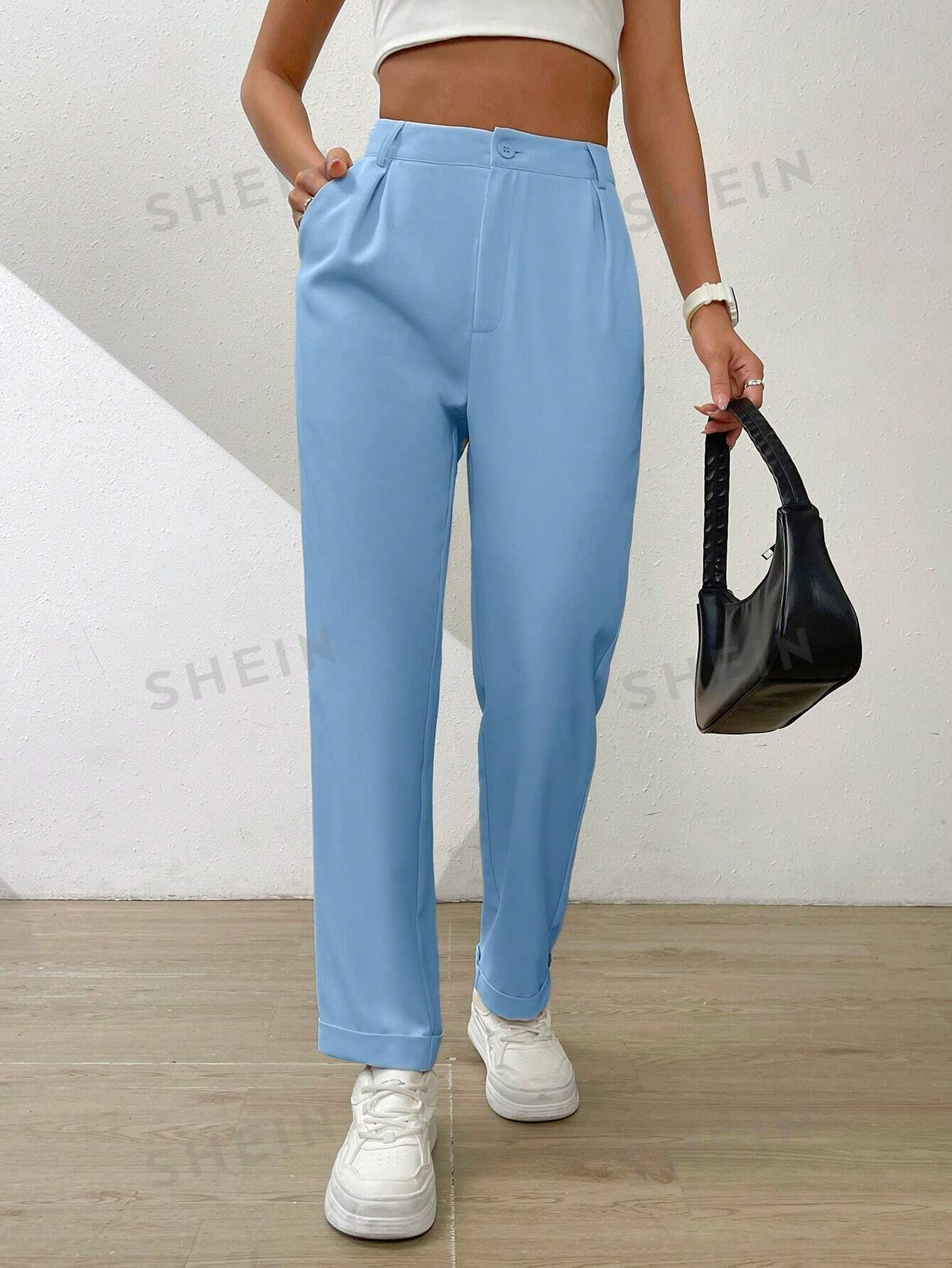 SHEIN Essnce Однотонные широкие брюки со складками и наклонными карманами, синий мужские прямые брюки на весну и осень деловые повседневные брюки женские прямые брюки модные уличные брюки