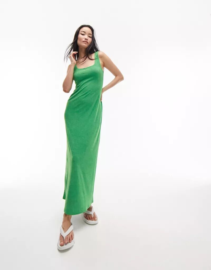 

Однотонное зеленое махровое платье миди Topshop