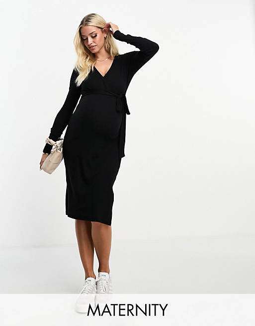 

Черное платье миди с завязкой на талии Threadbare Maternity