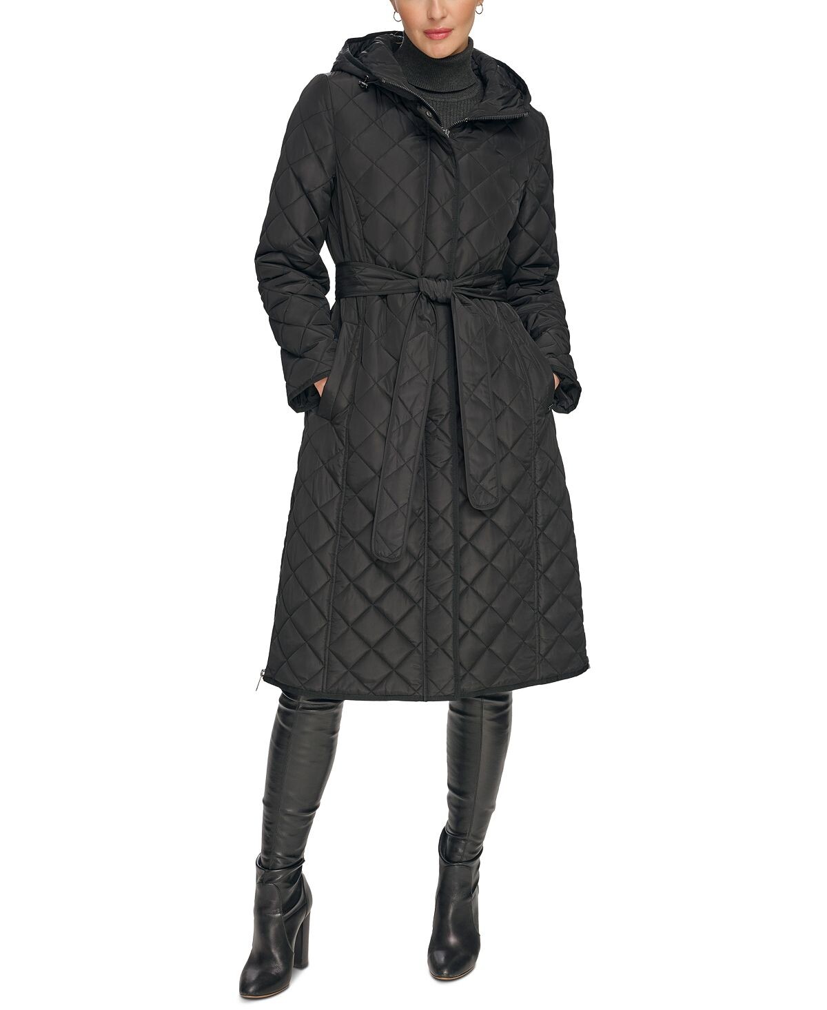 

Стеганое пальто с капюшоном и поясом Petite DKNY, черный