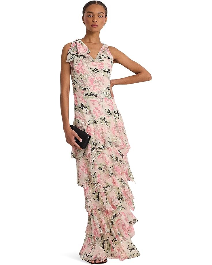 

Платье LAUREN Ralph Lauren Floral Crinkle Georgette Tiered Gown, цвет Cream/Pink/Multi