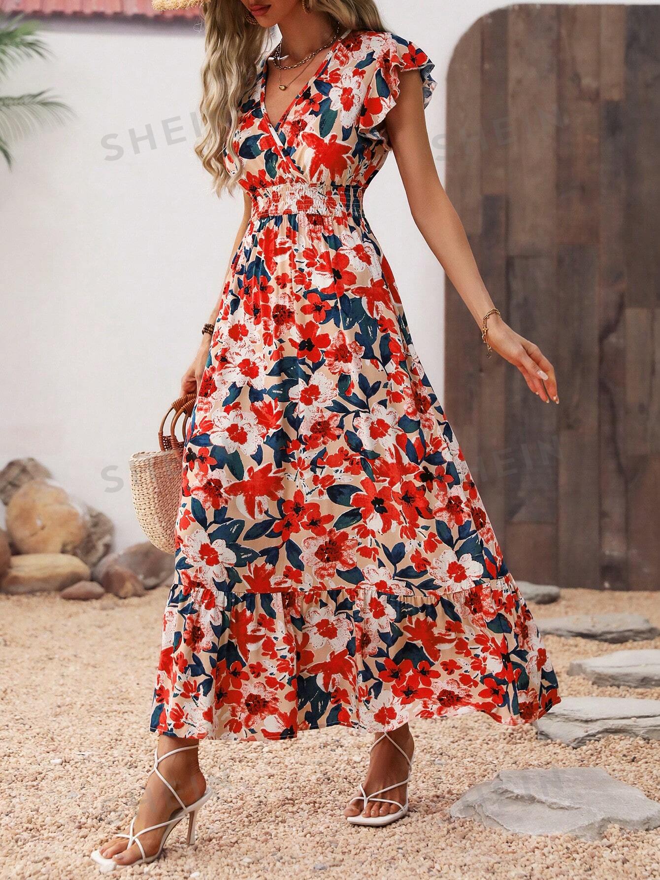 SHEIN VCAY Женское платье с цветочным принтом и короткими рукавами и рюшами по краю, многоцветный shein vcay женская юбка миди с цветочным принтом многоцветный