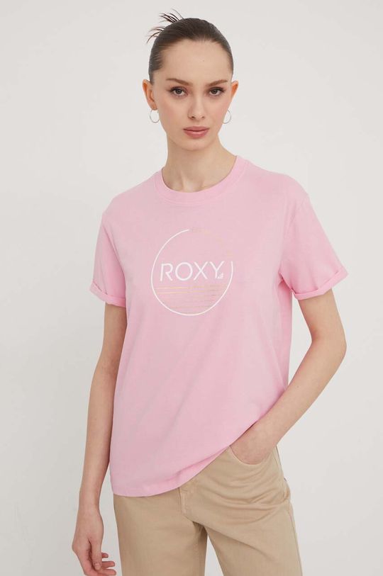 Хлопковая футболка Roxy, розовый