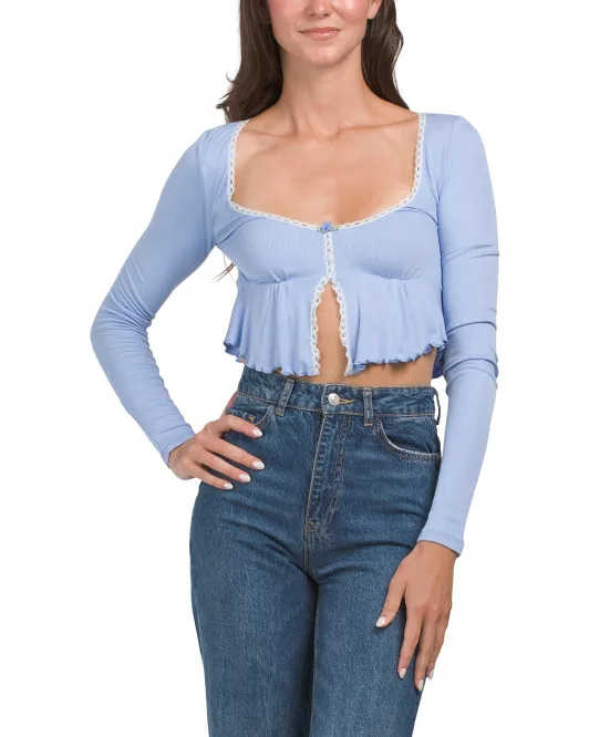 

Укороченный топ с длинными рукавами и кружевной отделкой Urban Outfitters, синий