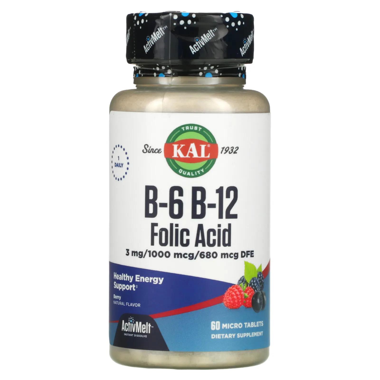 KAL B-6 B-12 фолиевая кислота ягода 60 микротаблеток витамины b 6 b 12 и фолиевая кислота bluebonnet nutrition малина 60 таблеток