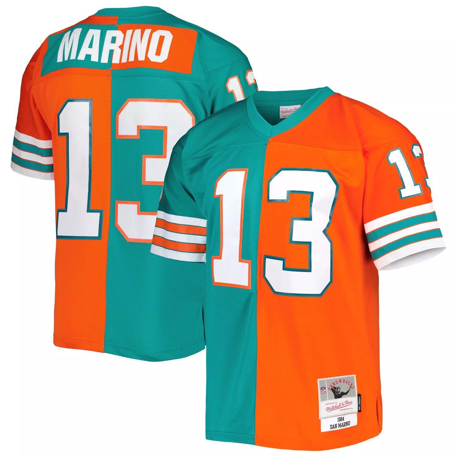 

Мужская футболка Mitchell & Ness Dan Marino Aqua/Orange Miami Dolphins 1984 Split Legacy Replica Джерси