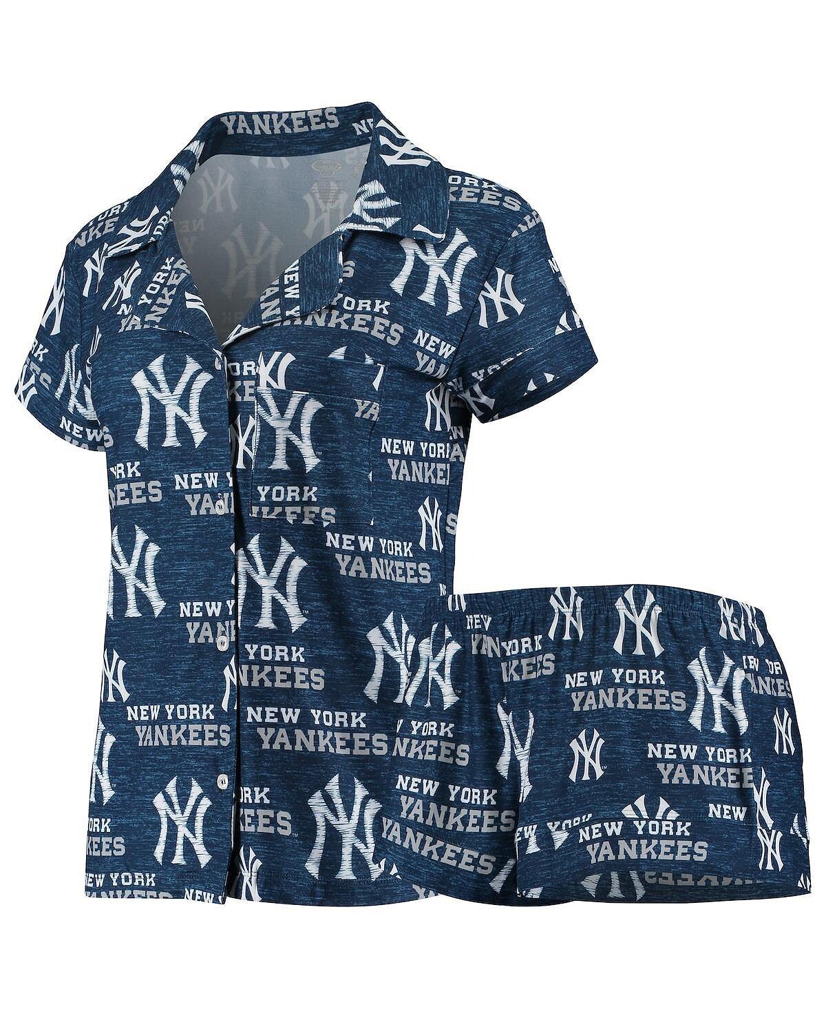 

Женский темно-синий комплект для сна на пуговицах и шортах с принтом New York Yankees Zest по всей поверхности Concepts Sport, темно-синий