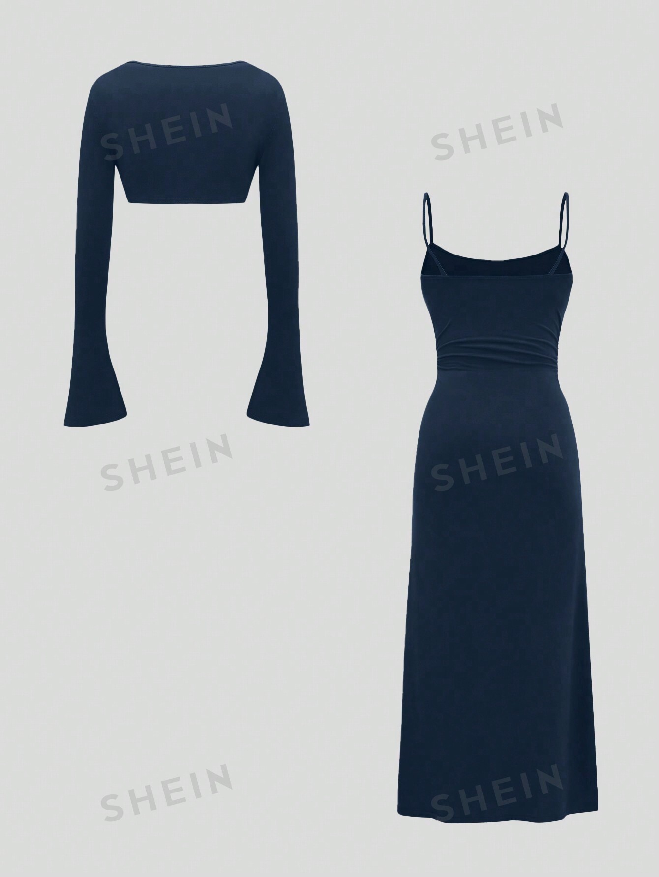 цена SHEIN MOD женское однотонное платье-комбинация с плиссированной талией и открытой передней частью с рукавами-колокольчиками, темно-синий