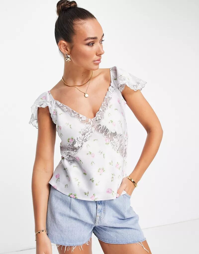 

Свободный топ ASOS с кружевной отделкой, рукавами с оборками, деталями швов и цветочным принтом