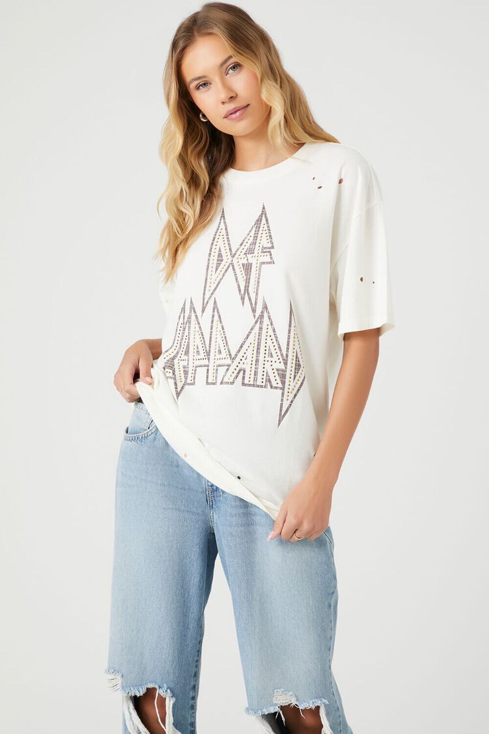

Потертая футболка с рисунком Def Leppard Forever 21, кремовый, Бежевый