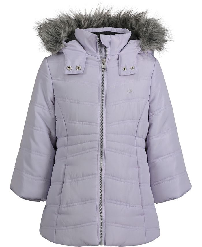 Длинная куртка из искусственного меха с капюшоном для маленьких девочек Calvin Klein, фиолетовый женское пуховое пальто с капюшоном и отделкой из искусственного меха созданное для macy s calvin klein мульти