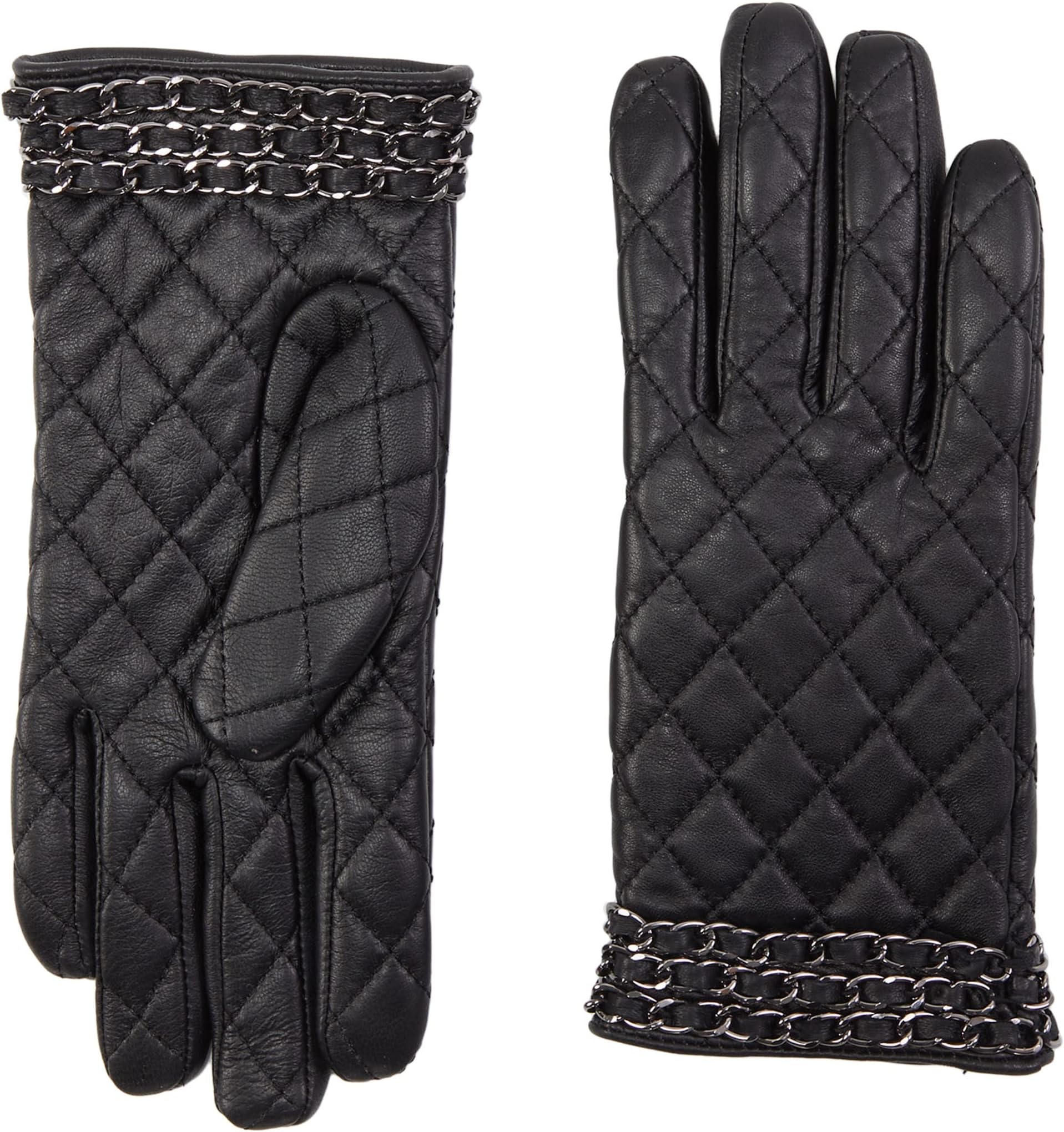 

Перчатки Badgley Mischka Quilted Leather Gloves w/ Chain, цвет Jet Black/Ivory