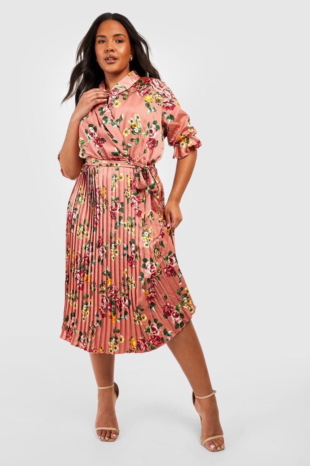 

атласное платье миди с цветочным сократом Boohoo, розовый