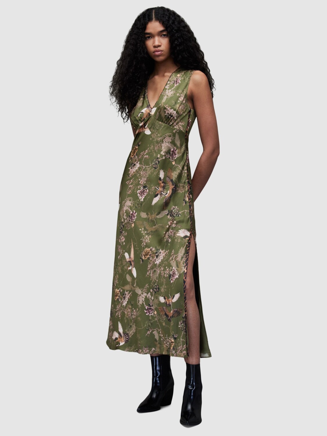 

Платье миди AllSaints Karla Peggy из смесового шелка, зеленый хаки