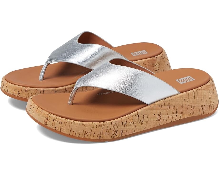

Туфли FitFlop F-Mode Leather/Cork Flatform Toe Post Sandals, серебряный