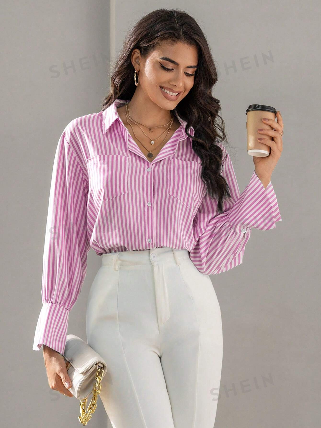 цена SHEIN BIZwear Рубашка с длинным рукавом в вертикальную полоску, розовый