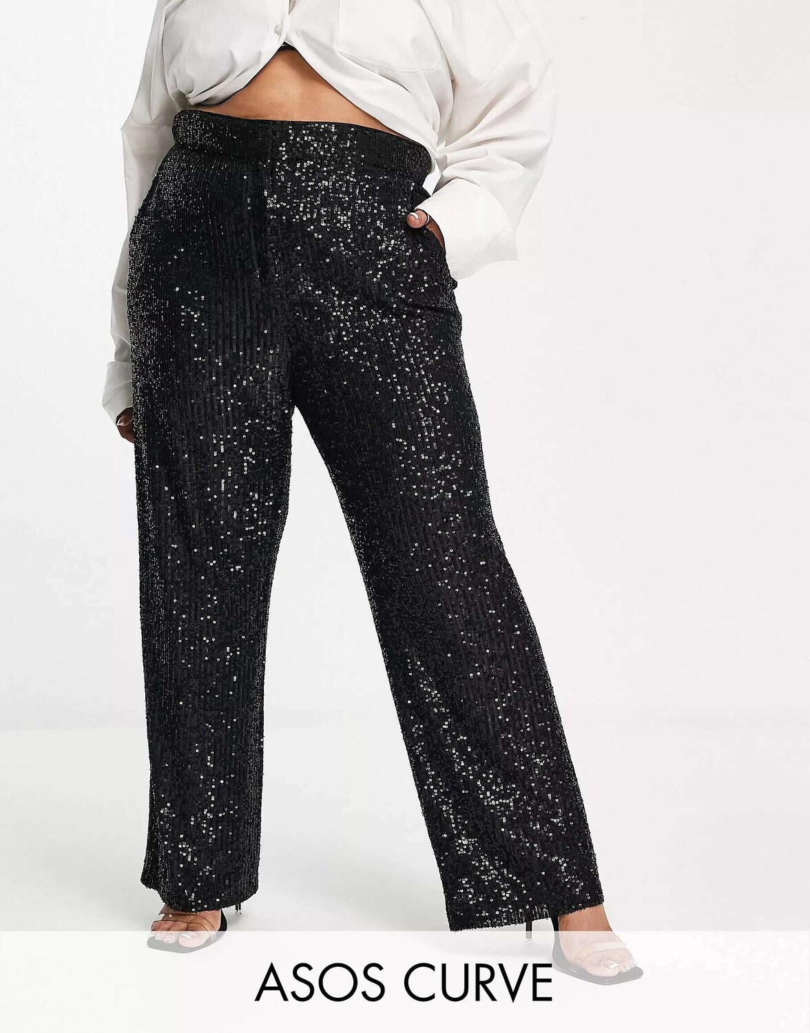 

Черные прямые брюки с пайетками на щиколотке ASOS Curve, Черный