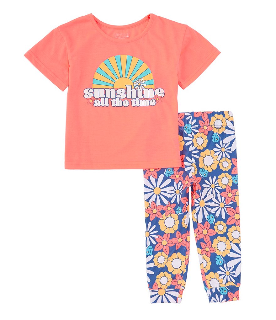 Komar Kids для маленьких/больших девочек 4–12 лет: пижамный топ с короткими рукавами и леггинсы с цветочным принтом, оранжевый