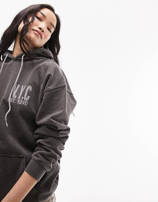 

Темно-угольная толстовка оверсайз с графическим принтом Topshop New York Collective