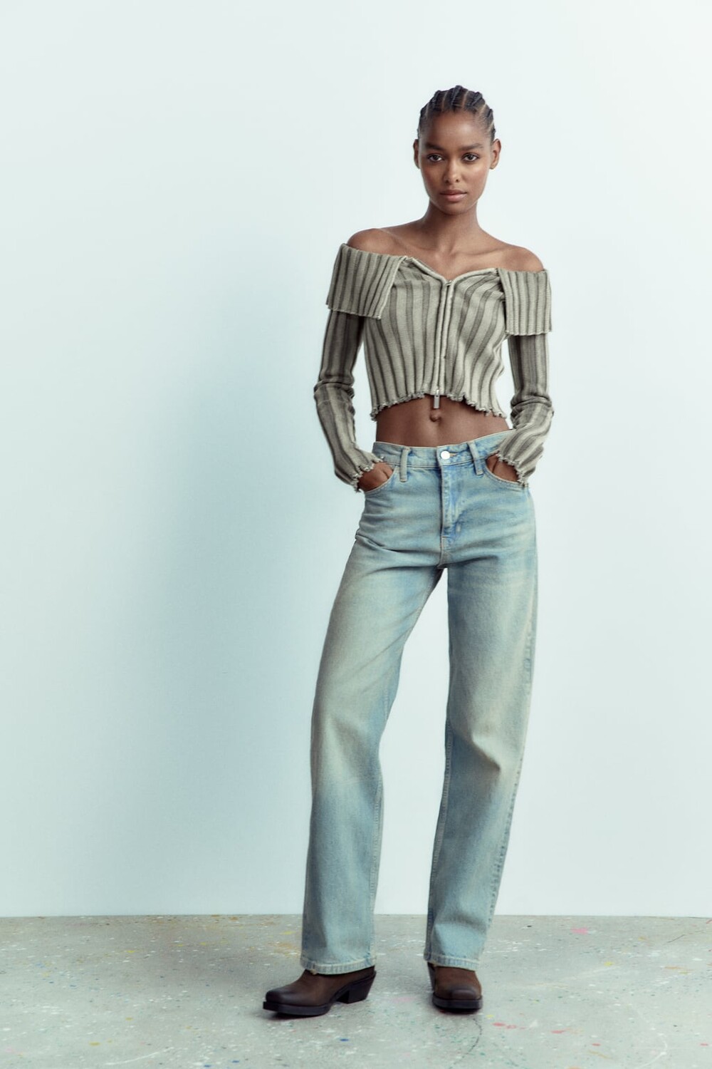 

Трикотажный топ в рубчик ZARA, серый