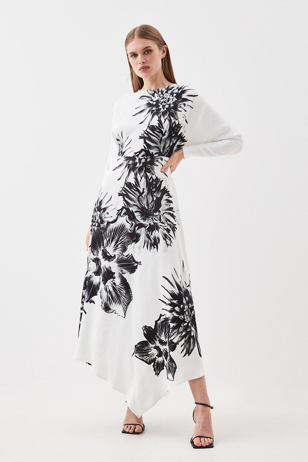 Миниатюрное тканое платье миди из атласного крепа с цветочным принтом и длинными рукавами Karen Millen, мультиколор