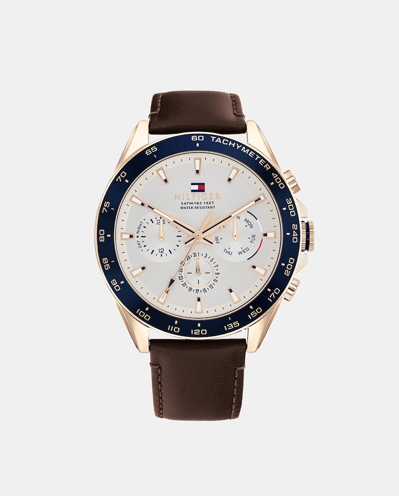 Мужские часы 1791966 многофункциональные коричневые кожаные Tommy Hilfiger, коричневый браслет с белым и синим агатом