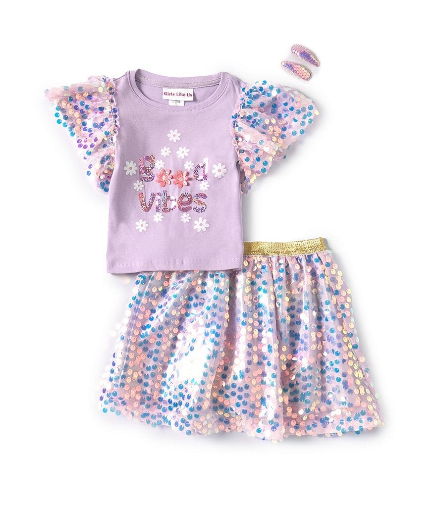 Rare Editions Little Girls 2T-6X Топ Good Vibes с пышными рукавами и юбками с узором, украшенными пайетками, фиолетовый
