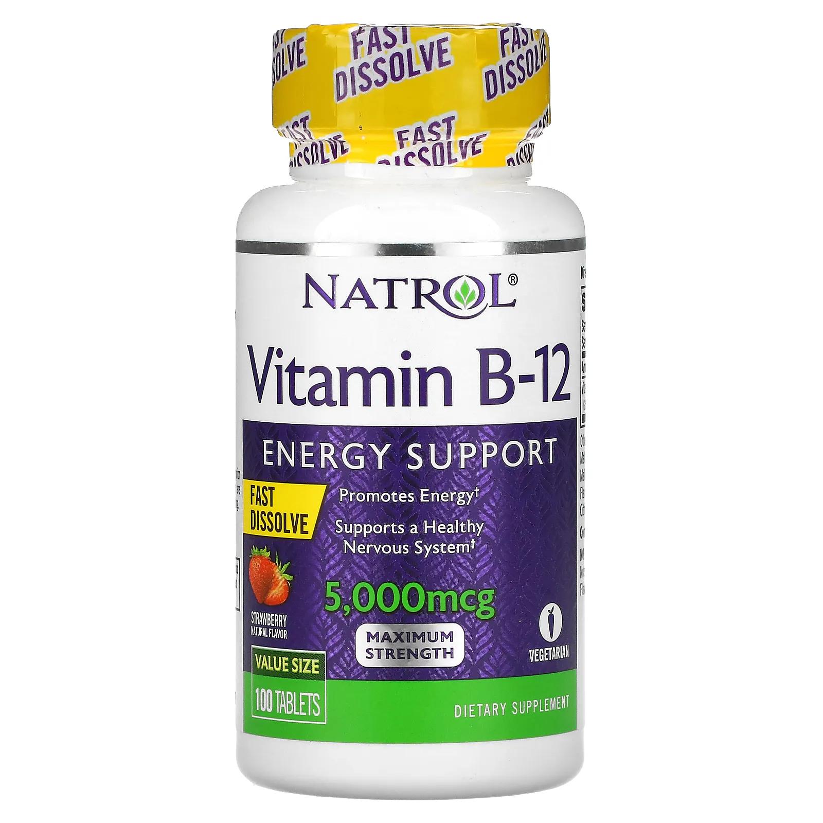 Natrol Vitamin B-12 Fast Dissolve Maximum Strength Strawberry 5,000 mcg 100 Tablets