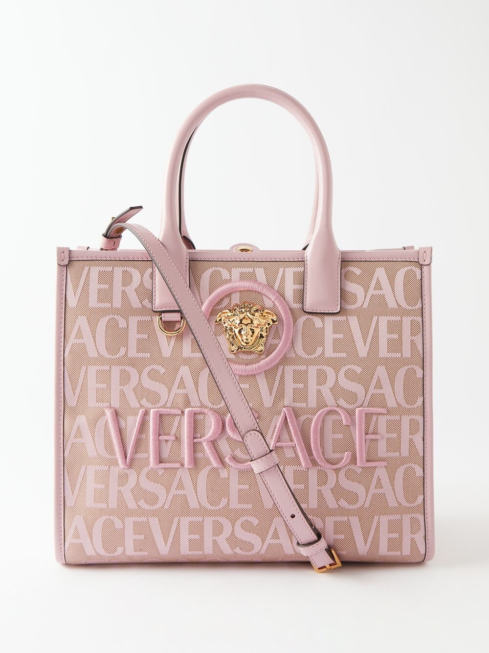 

Маленькая сумка-тоут из жаккардовой парусины с логотипом Versace, розовый