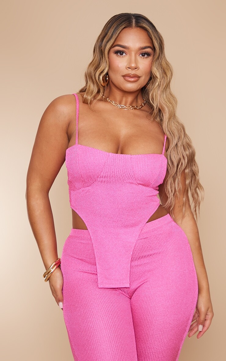 

PrettyLittleThing Корсет в рубчик с ярко-розовым металлизированным узором Shape