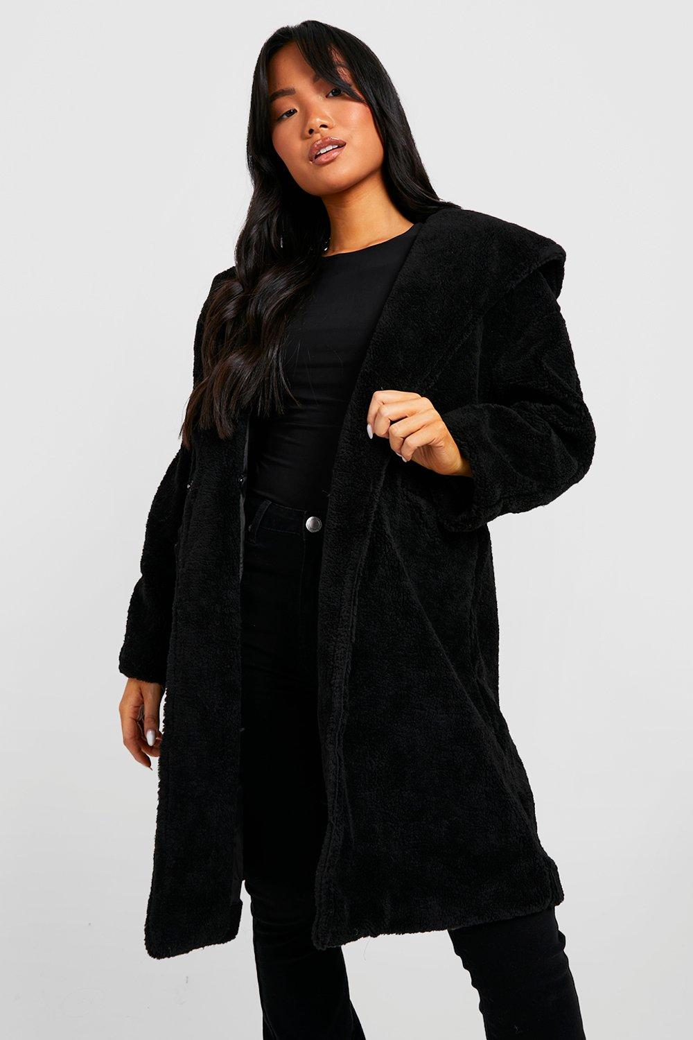 Пальто Тедди оверсайз с капюшоном Petite boohoo, черный цена и фото