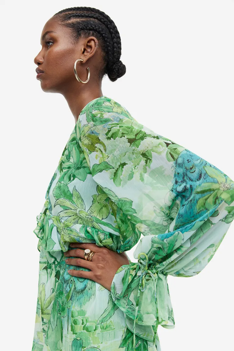 Длинное платье с рюшами H&M, зеленый