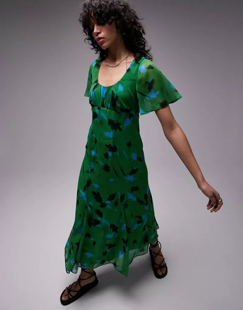 Зеленое и синее платье миди с цветочным принтом Topshop